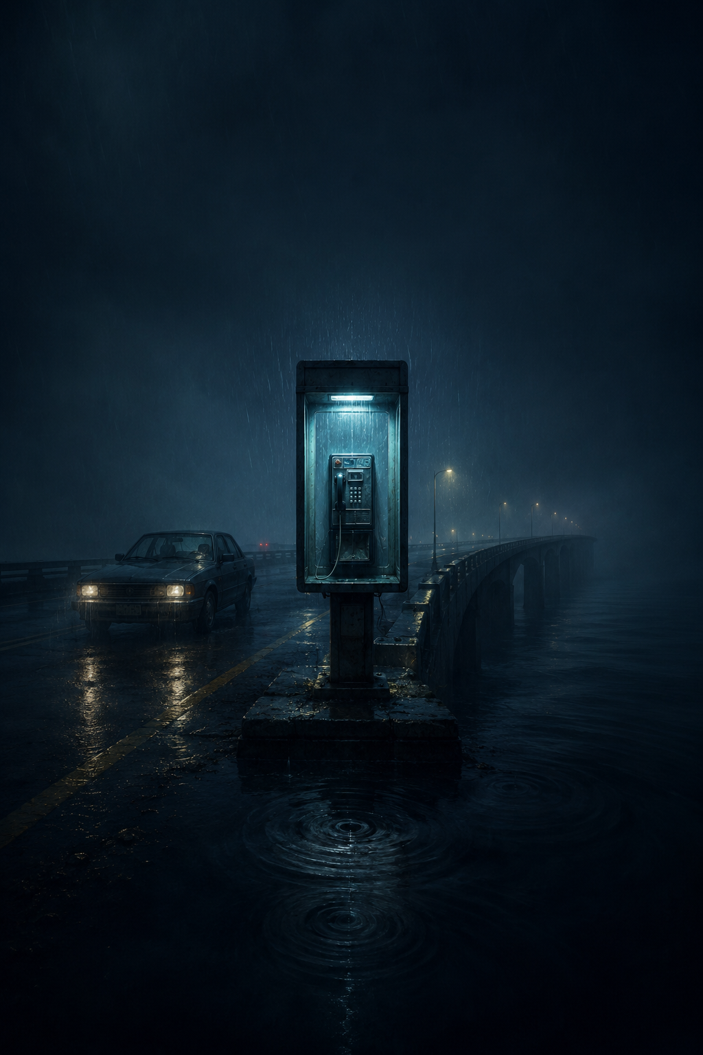 Rainy fogbound bridge at night with a glowing payphone, a parked car, and dark water below.